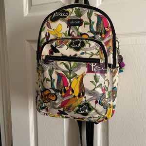 sakroots backpack. “White Peace” pattern.
